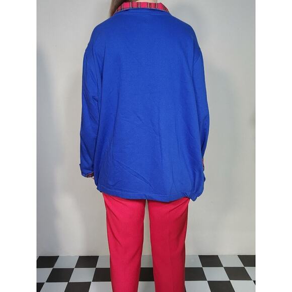 80s 90s Vintage Blair Blue w/ Red Plaid Cuff, Collar Pullover Crewneck Sz XL - Picture 6 of 10